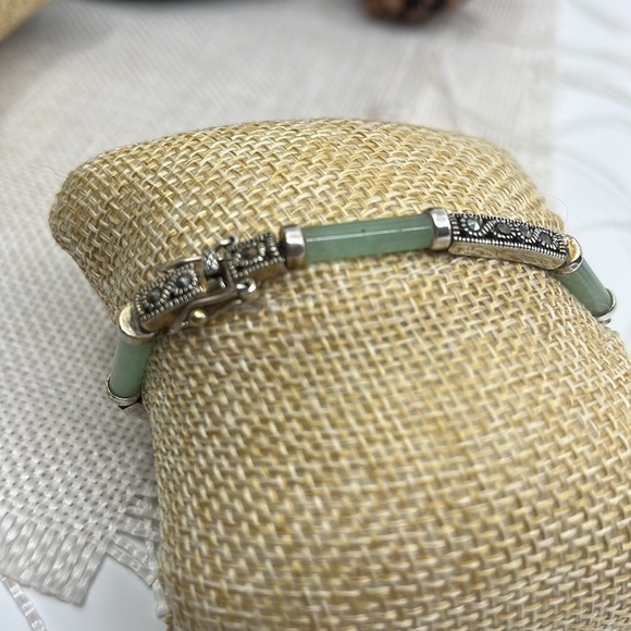 20th Century 925 Sterling Silver Jadeite & Marcasite Link Bracelet - Picture 2 of 9